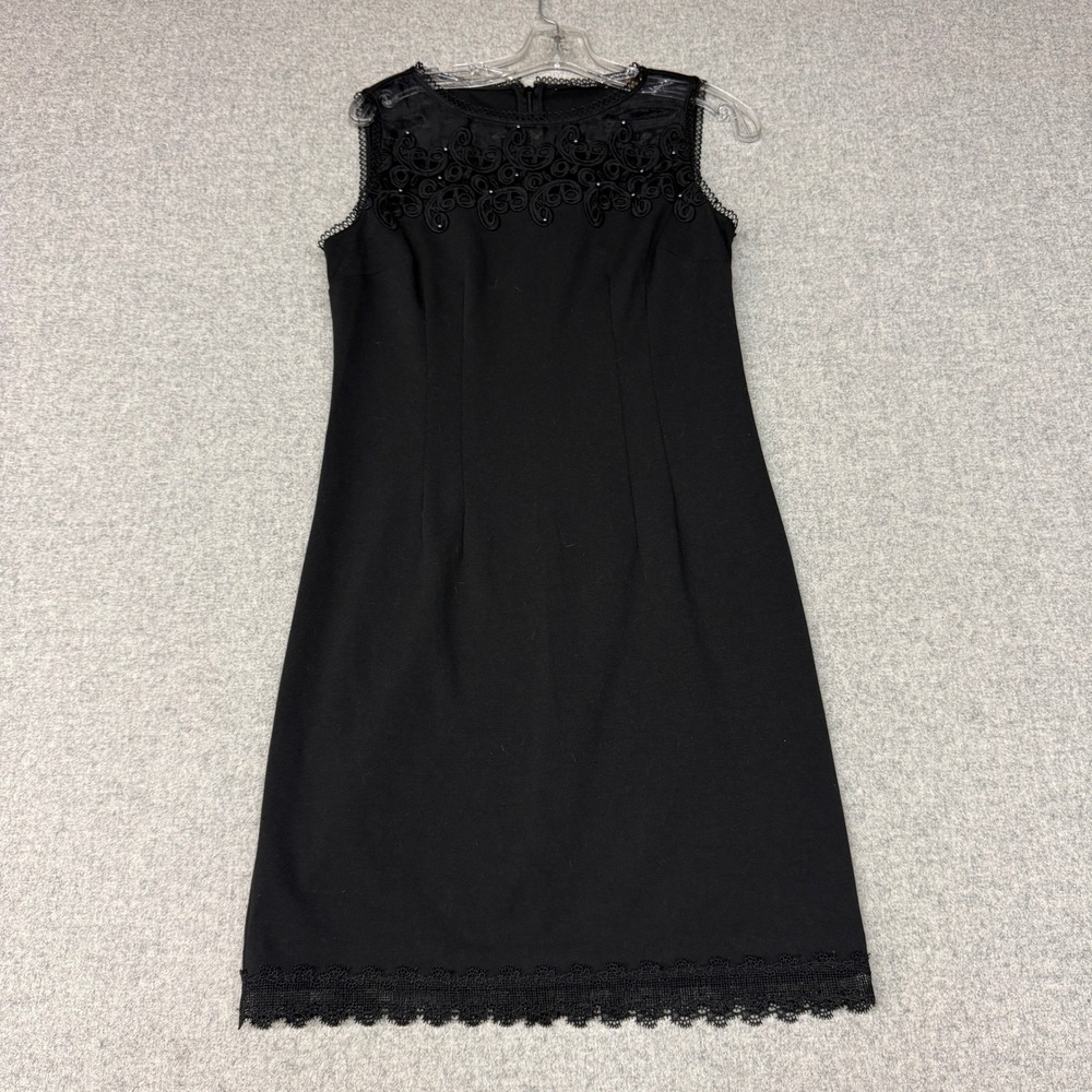 T Tahari Sheath Dress 6 Black Soutache Embroidered Beaded Lace Hem Sleeveless